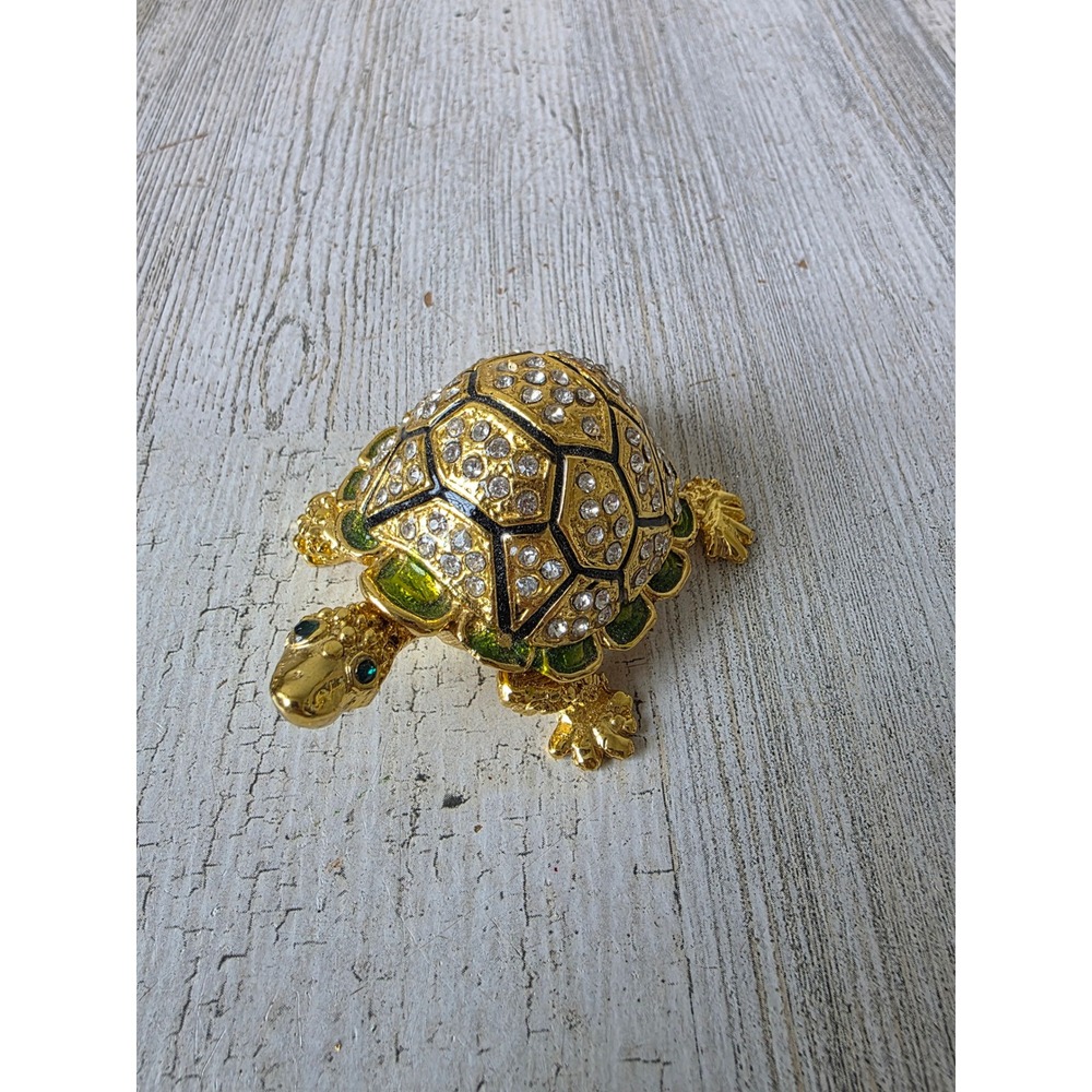 Mini rhinestone tortoise turtle trinket jewelry box gold green